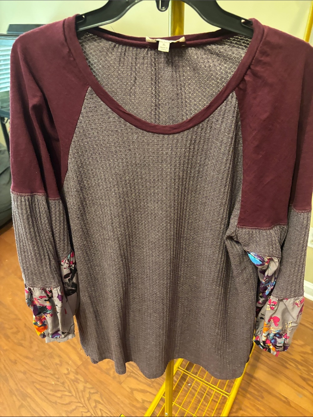Umgee Two-Tone Waffle Raglan Top with Printed Cuffs